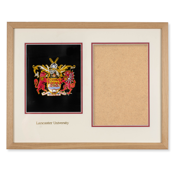 Lancaster University Deluxe Oak Crest Frame with gold embroidered crest